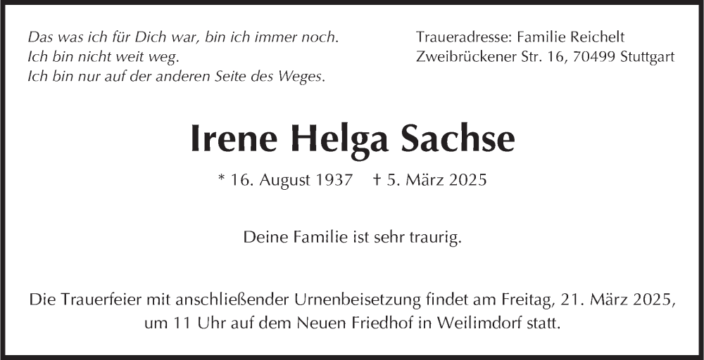  Traueranzeige für Irene Helga Sachse vom 20.03.2025 aus Stuttgarter Zeitung / Stuttgarter Nachrichten