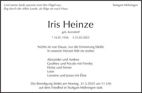 Traueranzeige von Iris Heinze von Stuttgarter Zeitung / Stuttgarter Nachrichten