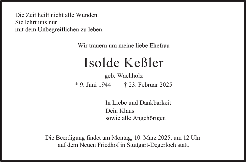  Traueranzeige für Isolde Keßler vom 01.03.2025 aus Stuttgarter Zeitung / Stuttgarter Nachrichten