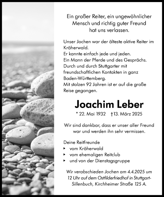 Traueranzeige von Joachim Leber von Stuttgarter Zeitung / Stuttgarter Nachrichten