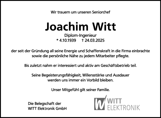 Traueranzeige von Joachim Witt von Stuttgarter Zeitung / Stuttgarter Nachrichten