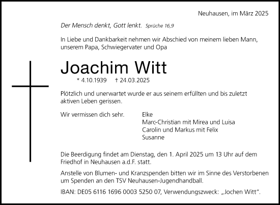 Traueranzeige von Joachim Witt von Stuttgarter Zeitung / Stuttgarter Nachrichten