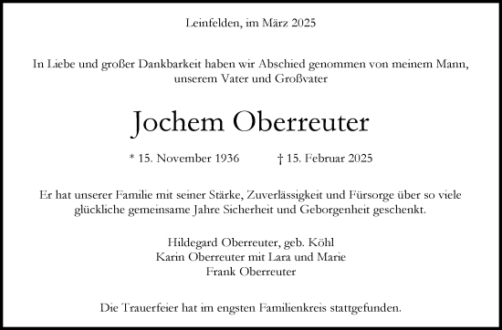 Traueranzeige von Jochem Oberreuter von Stuttgarter Zeitung / Stuttgarter Nachrichten