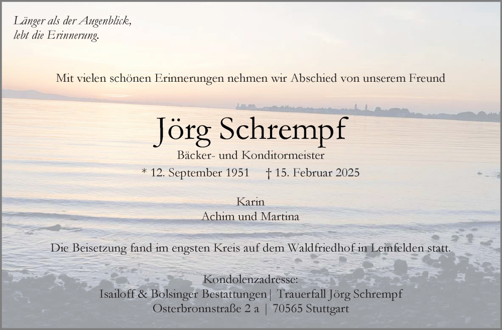  Traueranzeige für Jörg Schrempf vom 22.03.2025 aus Stuttgarter Zeitung / Stuttgarter Nachrichten