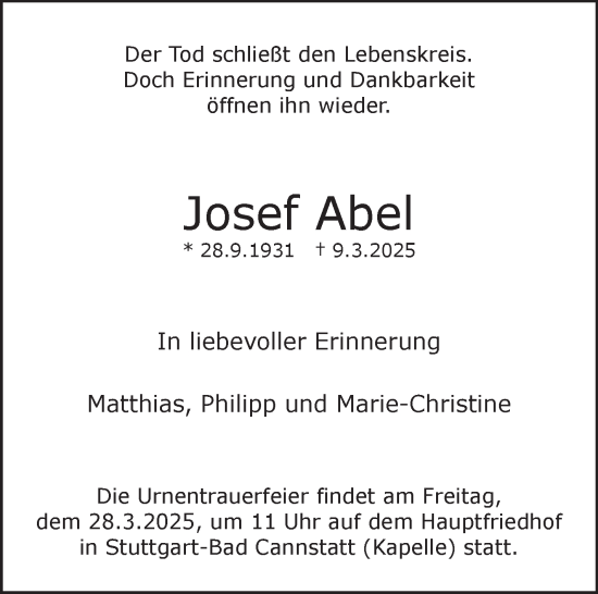 Traueranzeige von Josef Abel von Stuttgarter Zeitung / Stuttgarter Nachrichten