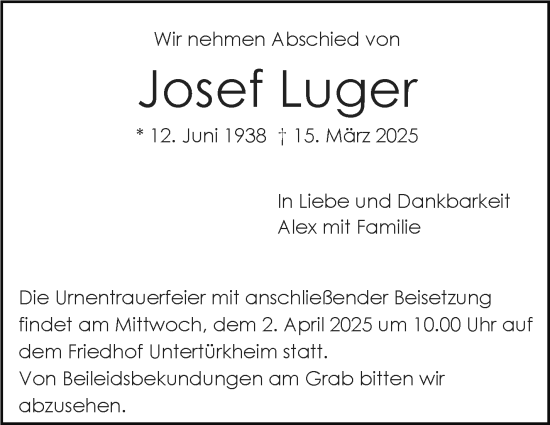 Traueranzeige von Josef Luger von Stuttgarter Zeitung / Stuttgarter Nachrichten