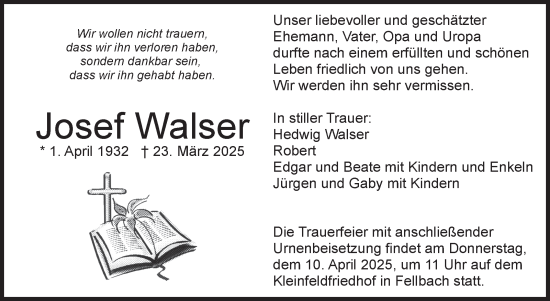 Traueranzeige von Josef Walser von Stuttgarter Zeitung / Stuttgarter Nachrichten