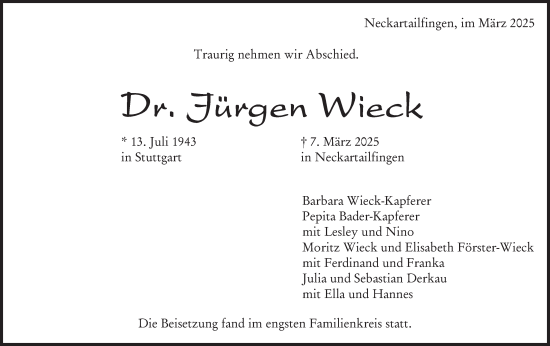 Traueranzeige von Jürgen Wieck von Stuttgarter Zeitung / Stuttgarter Nachrichten