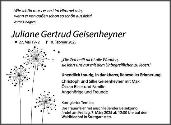 Traueranzeige von Juliane Gertrud Geisenheyner von Stuttgarter Zeitung / Stuttgarter Nachrichten