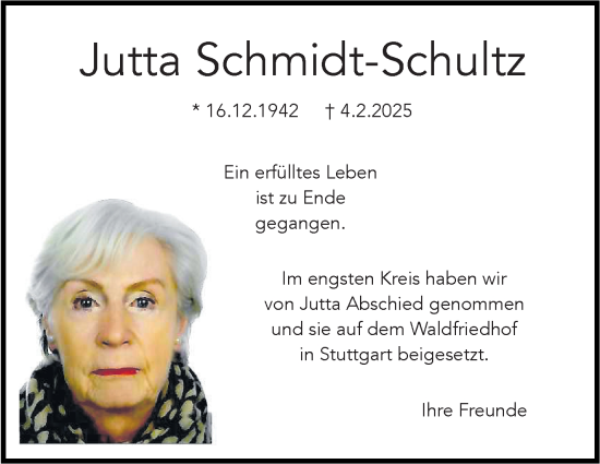 Traueranzeige von Jutta Schmidt-Schultz von Stuttgarter Zeitung / Stuttgarter Nachrichten