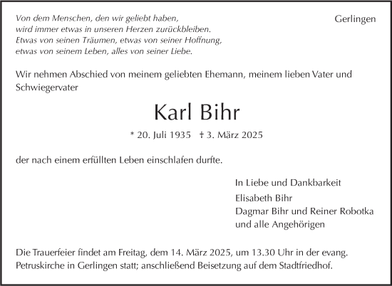 Traueranzeige von Karl Bihr von Stuttgarter Zeitung / Stuttgarter Nachrichten