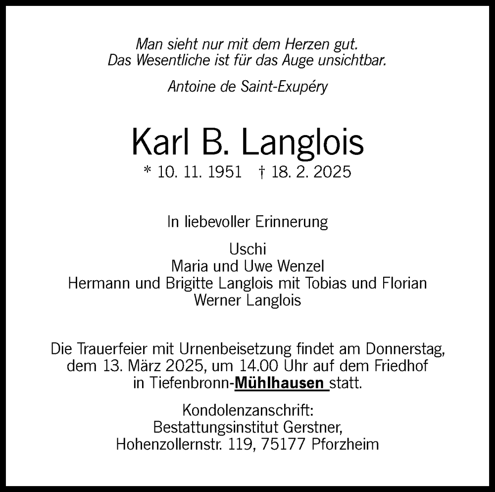  Traueranzeige für Karl B. Langlois vom 08.03.2025 aus Stuttgarter Zeitung / Stuttgarter Nachrichten