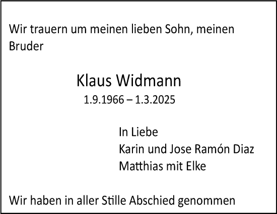Traueranzeige von Klaus Widmann von Stuttgarter Zeitung / Stuttgarter Nachrichten