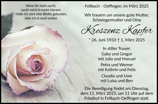 Traueranzeige von Kreszenz Kapfer von Stuttgarter Zeitung / Stuttgarter Nachrichten
