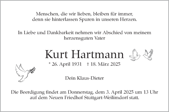 Traueranzeige von Kurt Hartmann von Stuttgarter Zeitung / Stuttgarter Nachrichten