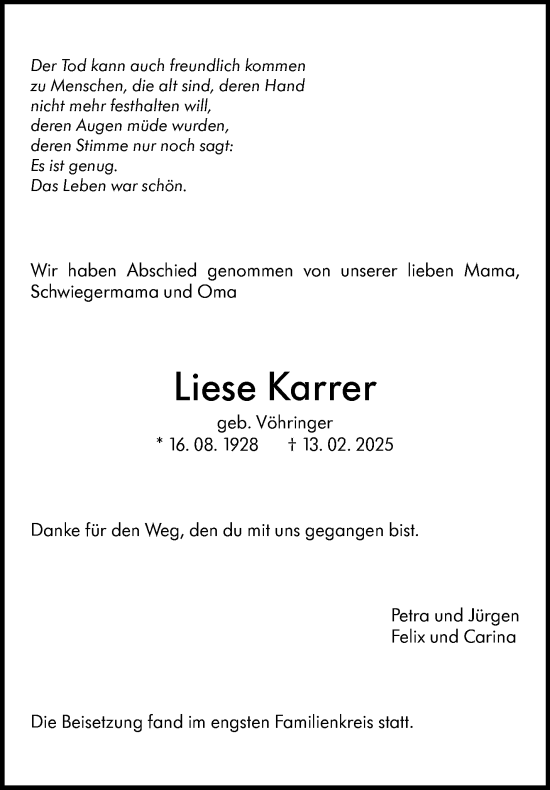 Traueranzeige von Liese Karrer von Stuttgarter Zeitung / Stuttgarter Nachrichten