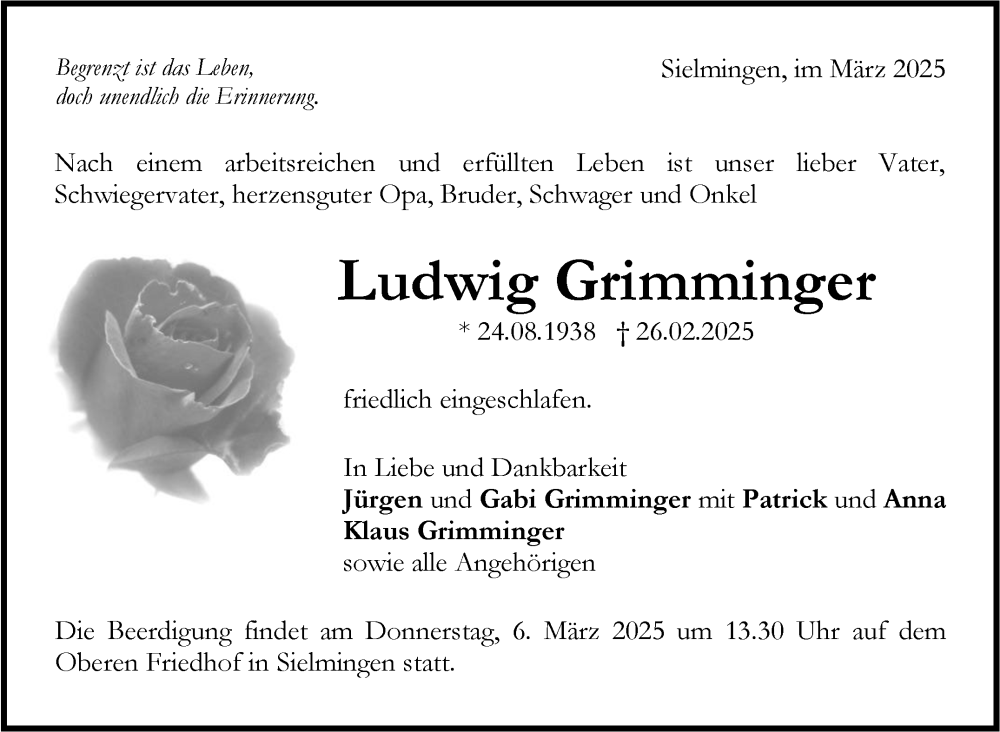  Traueranzeige für Ludwig Grimminger vom 05.03.2025 aus Stuttgarter Zeitung / Stuttgarter Nachrichten