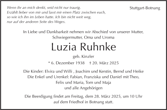 Traueranzeige von Luzia Ruhnke von Stuttgarter Zeitung / Stuttgarter Nachrichten