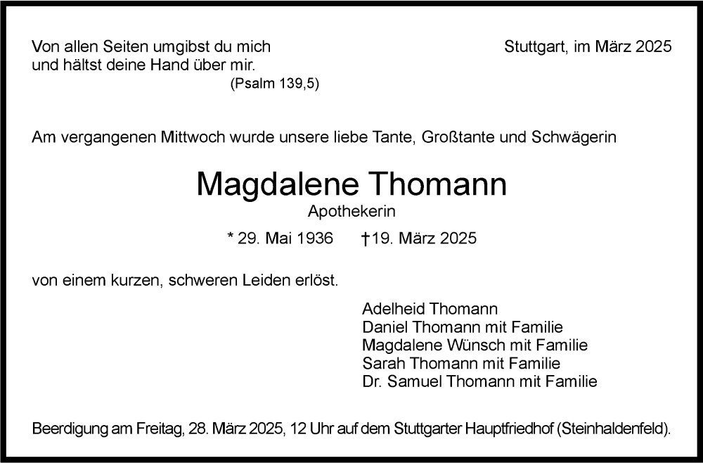  Traueranzeige für Magdalene Thomann vom 24.03.2025 aus Stuttgarter Zeitung / Stuttgarter Nachrichten