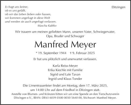 Traueranzeige von Manfred Meyer von Stuttgarter Zeitung / Stuttgarter Nachrichten
