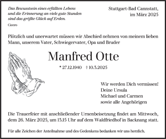 Traueranzeige von Manfred Otte von Stuttgarter Zeitung / Stuttgarter Nachrichten