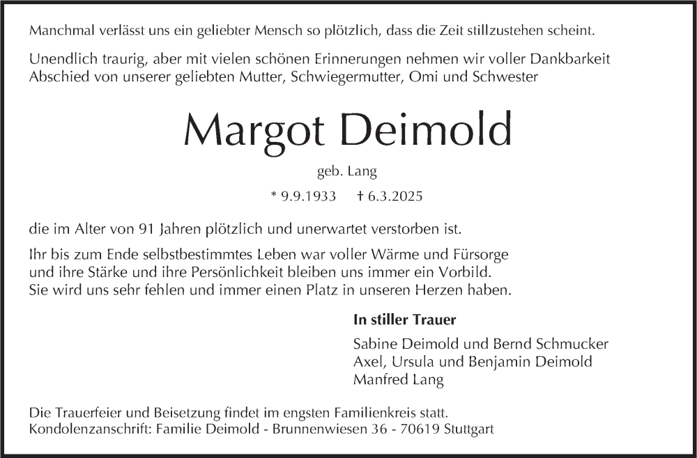  Traueranzeige für Margot Deimold vom 22.03.2025 aus Stuttgarter Zeitung / Stuttgarter Nachrichten