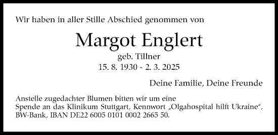 Traueranzeige von Margot Englert von Stuttgarter Zeitung / Stuttgarter Nachrichten