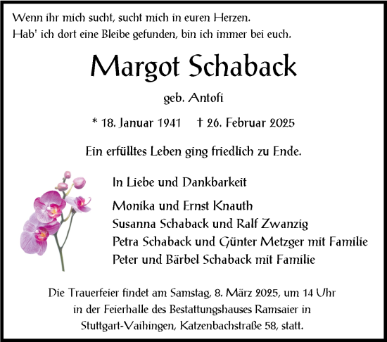 Traueranzeige von Margot Schaback von Stuttgarter Zeitung / Stuttgarter Nachrichten