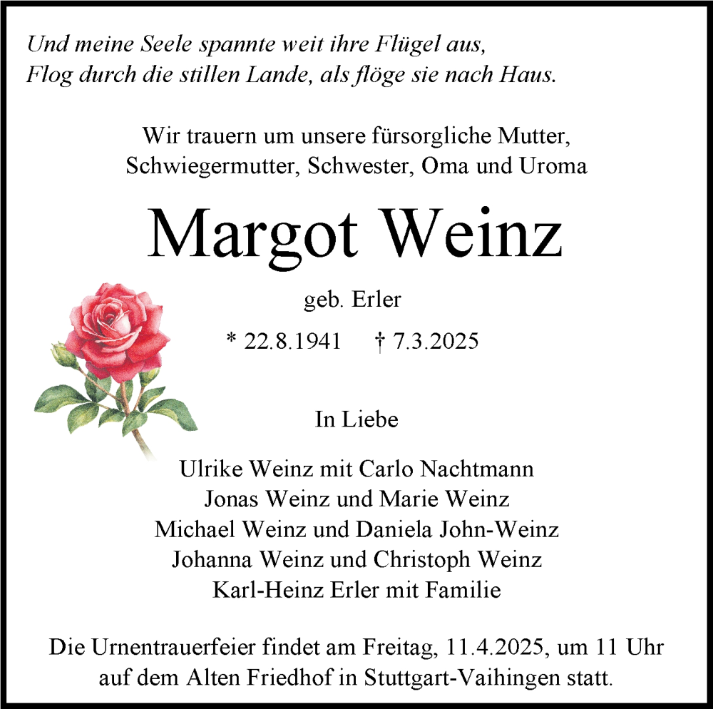  Traueranzeige für Margot Weinz vom 29.03.2025 aus Stuttgarter Zeitung / Stuttgarter Nachrichten