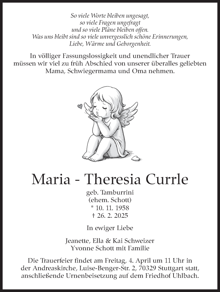  Traueranzeige für Maria-Theresia Currle vom 29.03.2025 aus Stuttgarter Zeitung / Stuttgarter Nachrichten