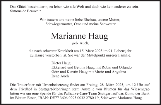 Traueranzeige von Marianne Haug von Stuttgarter Zeitung / Stuttgarter Nachrichten