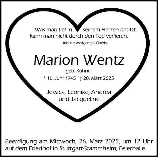 Traueranzeige von Marion Wentz von Stuttgarter Zeitung / Stuttgarter Nachrichten