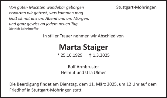 Traueranzeige von Marta Staiger von Stuttgarter Zeitung / Stuttgarter Nachrichten