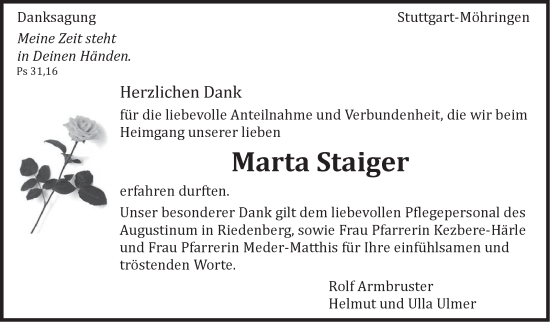 Traueranzeige von Marta Staiger von Stuttgarter Zeitung / Stuttgarter Nachrichten