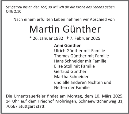 Traueranzeige von Martin Günther von Stuttgarter Zeitung / Stuttgarter Nachrichten