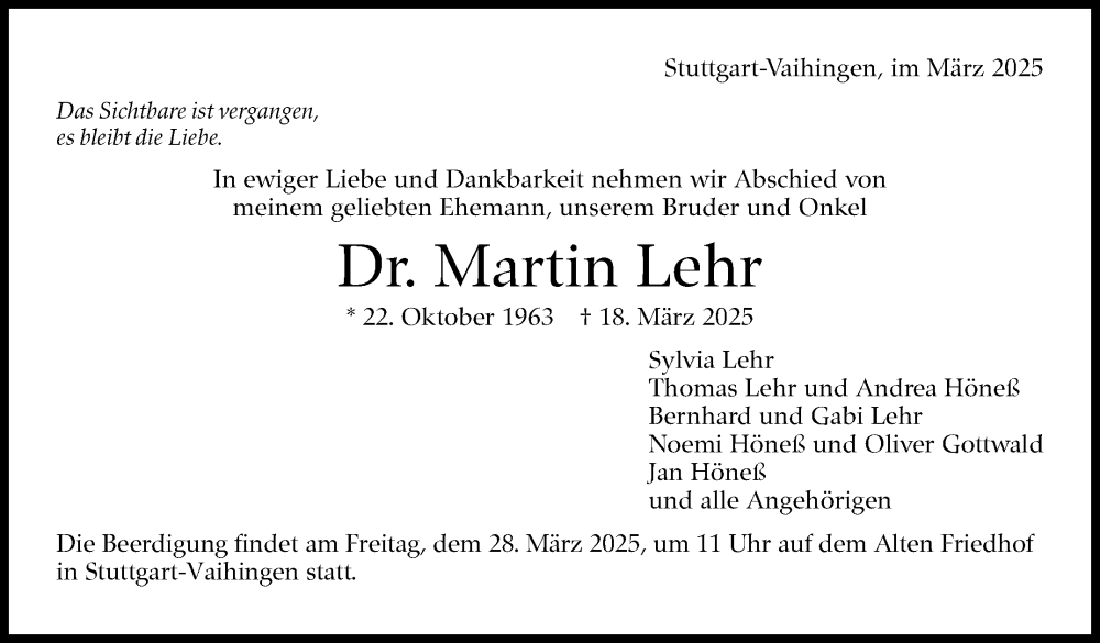  Traueranzeige für Martin Lehr vom 22.03.2025 aus Stuttgarter Zeitung / Stuttgarter Nachrichten