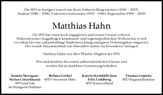 Traueranzeige von Matthias Hahn von Stuttgarter Zeitung / Stuttgarter Nachrichten