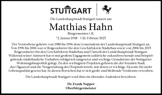 Traueranzeige von Matthias Hahn von Stuttgarter Zeitung / Stuttgarter Nachrichten