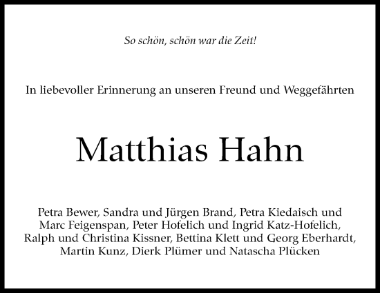 Traueranzeige von Matthias Hahn von Stuttgarter Zeitung / Stuttgarter Nachrichten