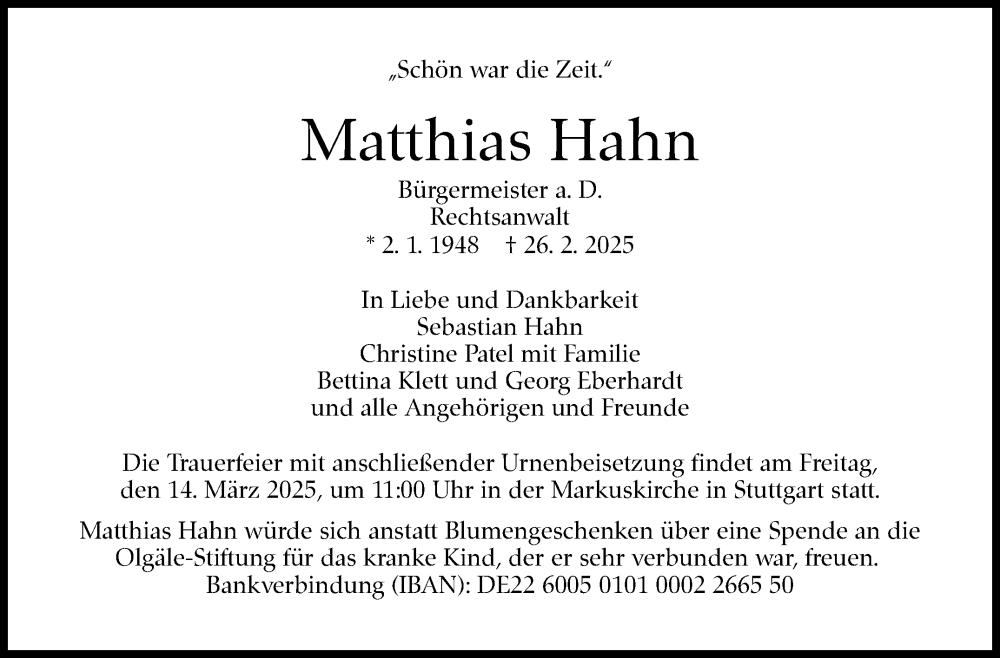  Traueranzeige für Matthias Hahn vom 03.03.2025 aus Stuttgarter Zeitung / Stuttgarter Nachrichten