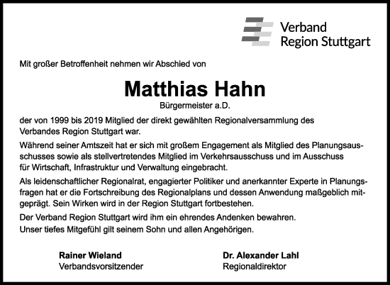 Traueranzeige von Matthias Hahn von Stuttgarter Zeitung / Stuttgarter Nachrichten