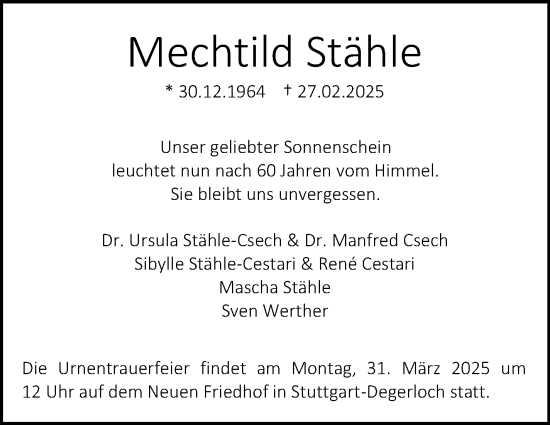 Traueranzeige von Mechtild Stähle von Stuttgarter Zeitung / Stuttgarter Nachrichten