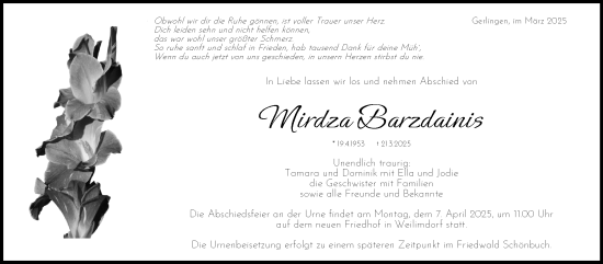Traueranzeige von Mirdza Barzdainis von Stuttgarter Zeitung / Stuttgarter Nachrichten