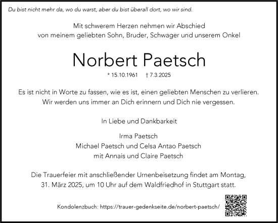 Traueranzeige von Norbert Paetsch von Stuttgarter Zeitung / Stuttgarter Nachrichten