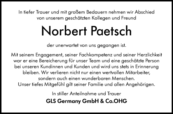 Traueranzeige von Norbert Paetsch von Stuttgarter Zeitung / Stuttgarter Nachrichten