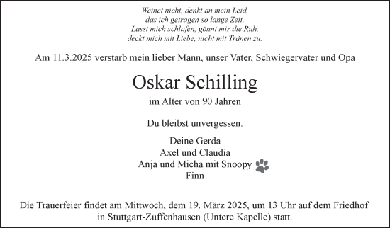Traueranzeige von Oskar Schilling von Stuttgarter Zeitung / Stuttgarter Nachrichten