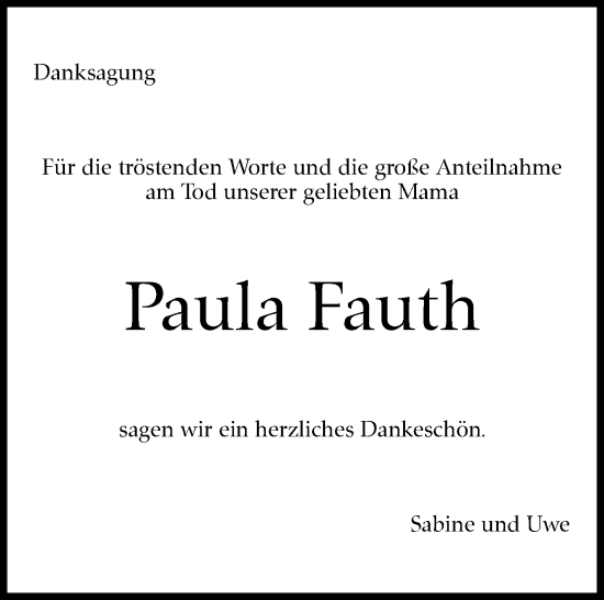 Traueranzeige von Paula Fauth von Stuttgarter Zeitung / Stuttgarter Nachrichten