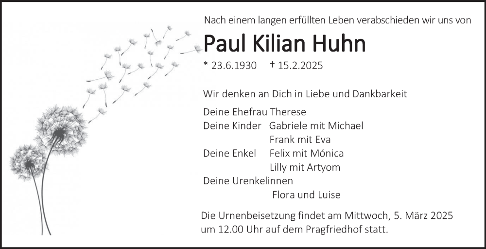  Traueranzeige für Paul Kilian Huhn vom 22.02.2025 aus Stuttgarter Zeitung / Stuttgarter Nachrichten
