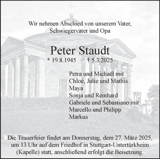 Traueranzeige von Peter Staudt von Stuttgarter Zeitung / Stuttgarter Nachrichten