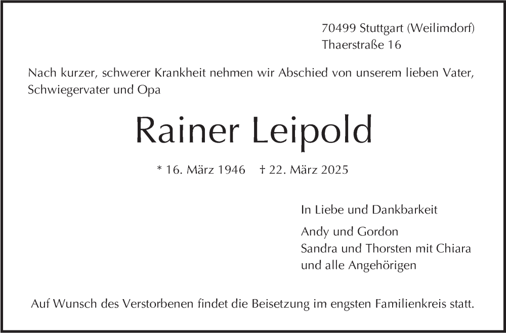  Traueranzeige für Rainer Leipold vom 29.03.2025 aus Stuttgarter Zeitung / Stuttgarter Nachrichten